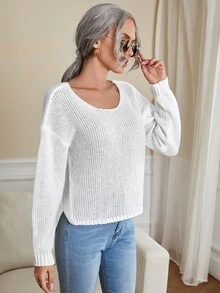 Criss Cross Back Ribbed Knit Drop Shoulder Jumper - White - View 3