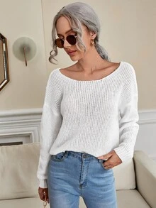 Criss Cross Back Ribbed Knit Drop Shoulder Jumper - White - View 4