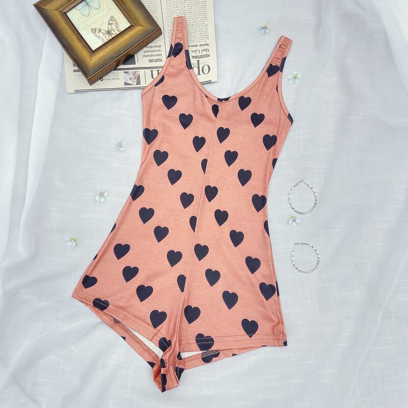 

Allover Heart Print Backless Romper, Coral pink
