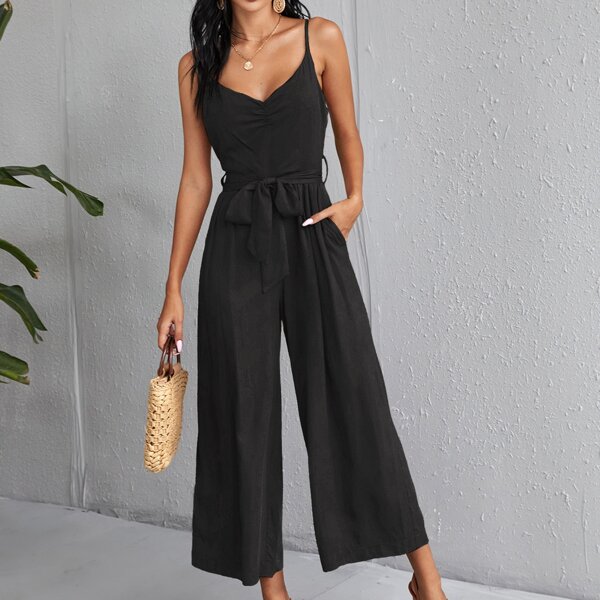 

Ruched Front Belted Cami Jumpsuit, Black