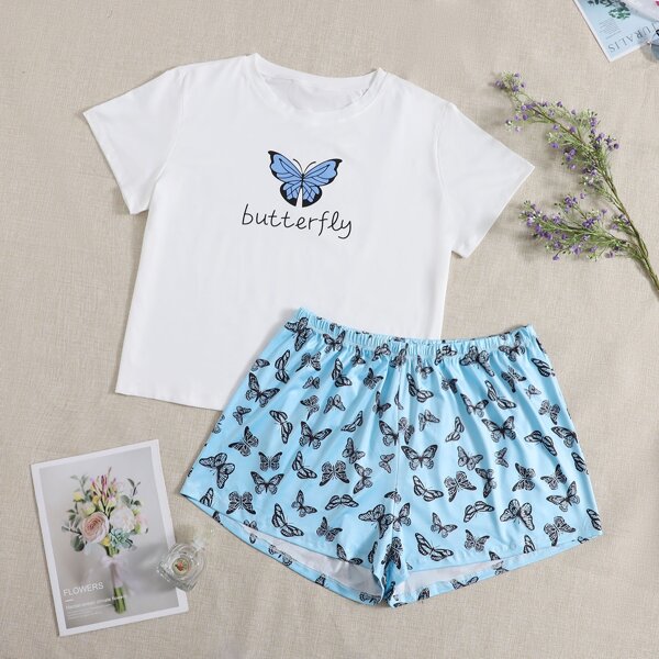 

Plus Butterfly & Letter Graphic Pajama Set, Blue and white