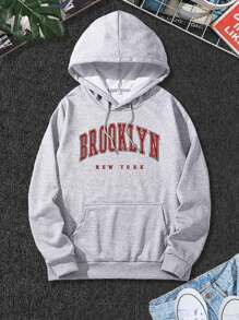 Manfinity Campus Court Aesthetic Post--Men Letter Graphic Drawstring Hoodie - Light Grey - View 1