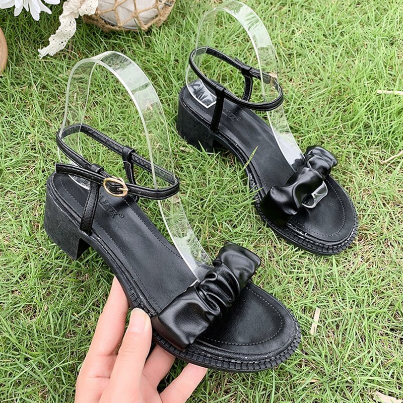 

Ruched Ankle Strap Chunky Heeled Sandals, Black