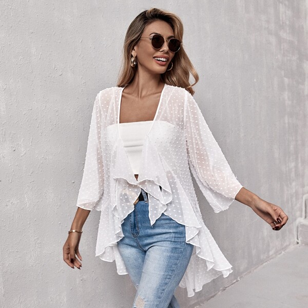 

Dobby Mesh Asymmetrical Hem Kimono, White