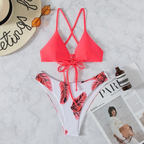 

Palm Leaf Print Lace-up Bikini Swimsuit, Multicolor