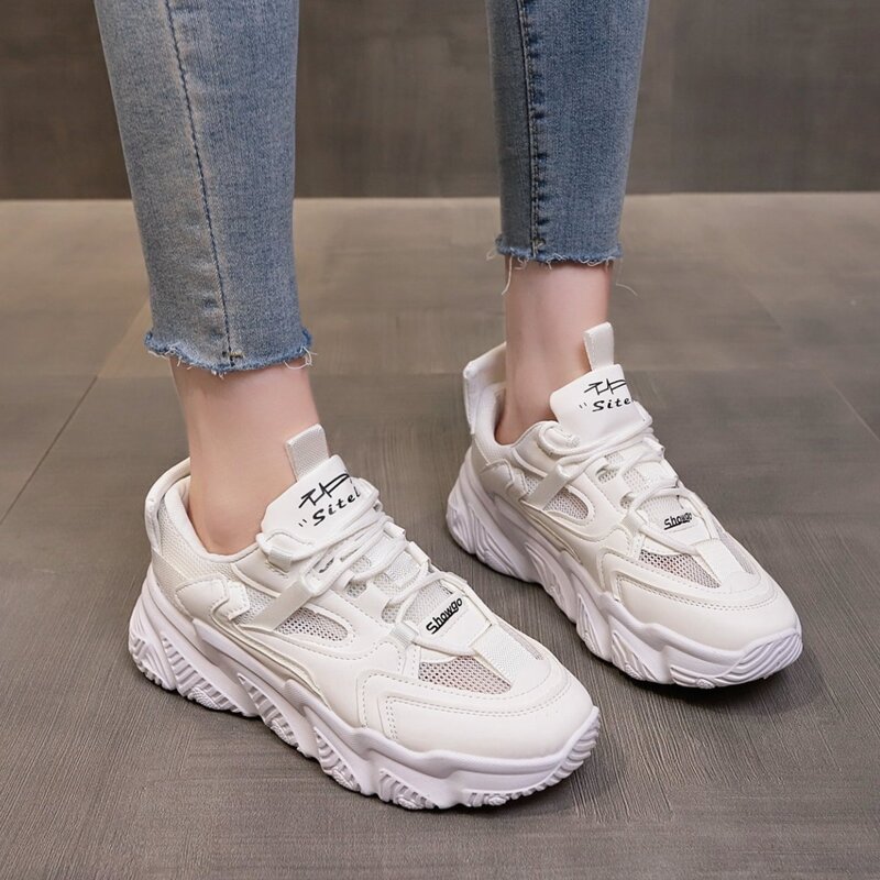 

Lace-up Front Breathable Chunky Sneakers, White