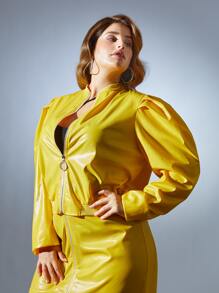 SHEIN 大碼羊腿袖開襟夾克 - 黃色 - 查看 4