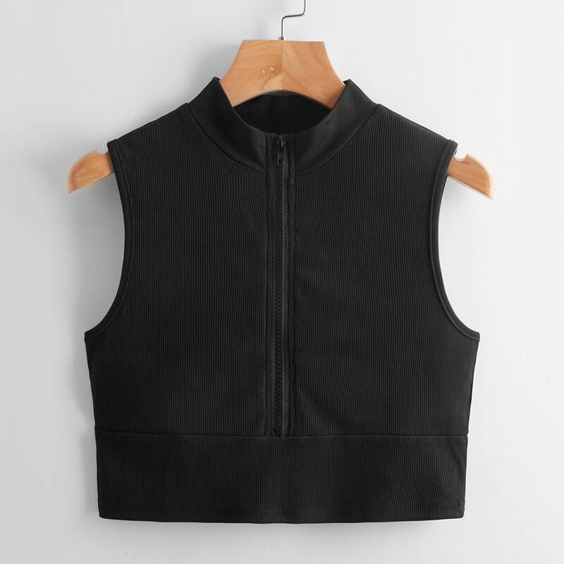 

Solid Zip Up Mock Neck Tank Top, Black