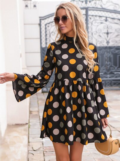Polka Dot Mock Neck Trumpet Sleeve Smock Dress