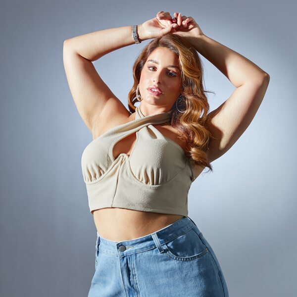 

Plus Halterneck Tied Backless Ruched Crop Top, Khaki