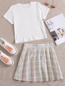 女孩條紋針織T恤和格紋百褶半身裙 - 彩色 - 查看 1