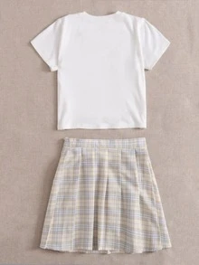 女孩條紋針織T恤和格紋百褶半身裙 - 彩色 - 查看 2