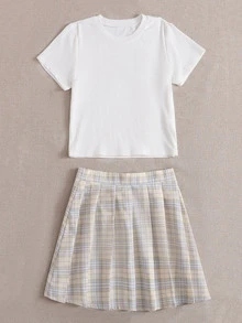 女孩條紋針織T恤和格紋百褶半身裙 - 彩色 - 查看 3