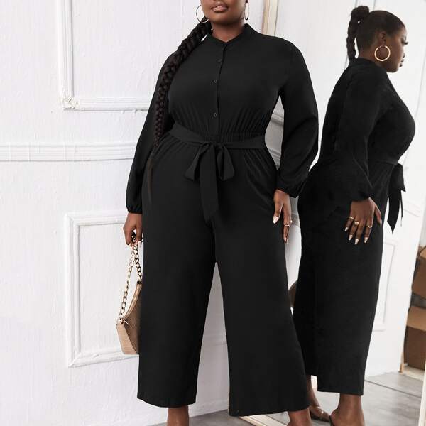 

Plus Solid Button Front Belted Jumpsuit, Black