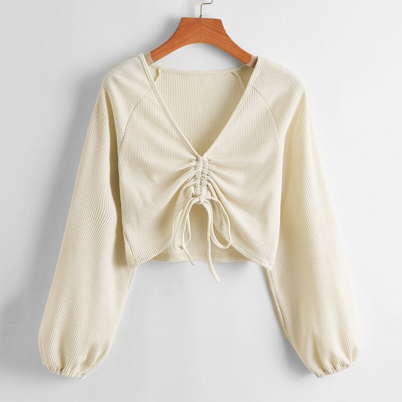 

Drawstring V Neck Crop Tee, Beige