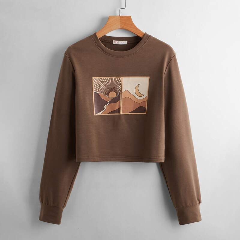 

Sun & Moon Graphic Crop Sweatshirt, Mocha brown