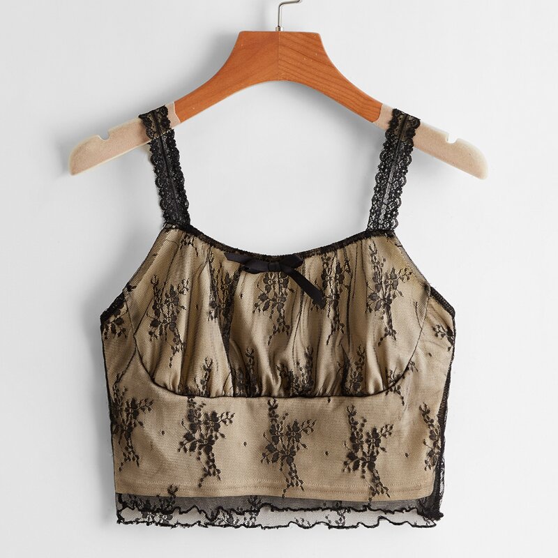 

Contrast Lace Ruched Bust Crop Cami, Multicolor