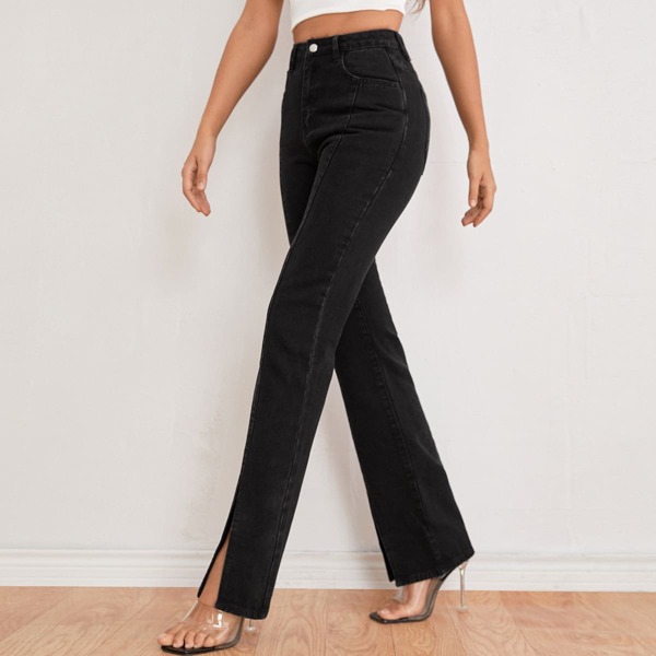 

High Waist Split Hem Jeans, Black