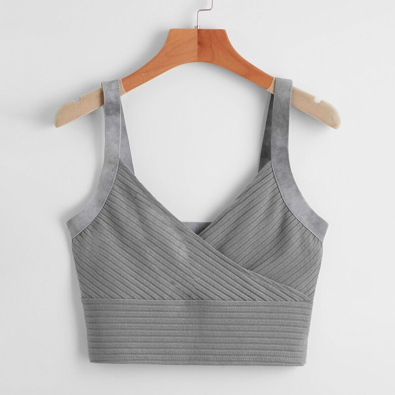 

Solid Wrap Ribbed Crop Cami, Dark grey