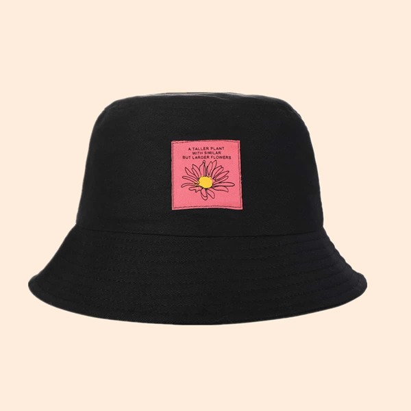 

Letter & Flower Pattern Bucket Hat, Black