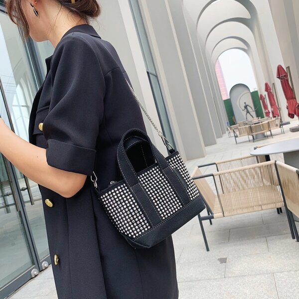 

Minimalist Rhinestone Decor Satchel Bag, Black