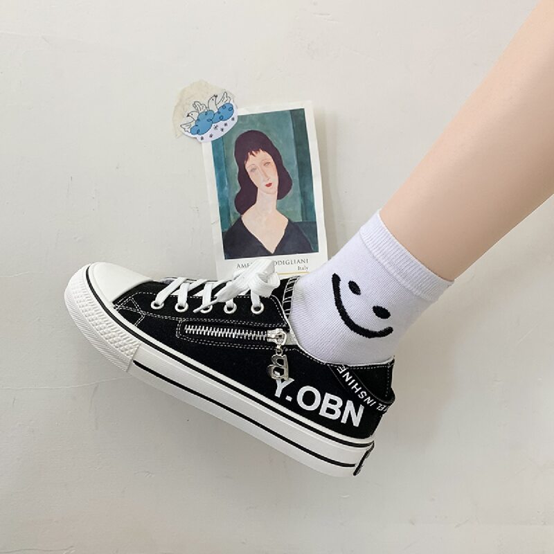 

Lace-up Front Side Zip Canvas Shoes, Black