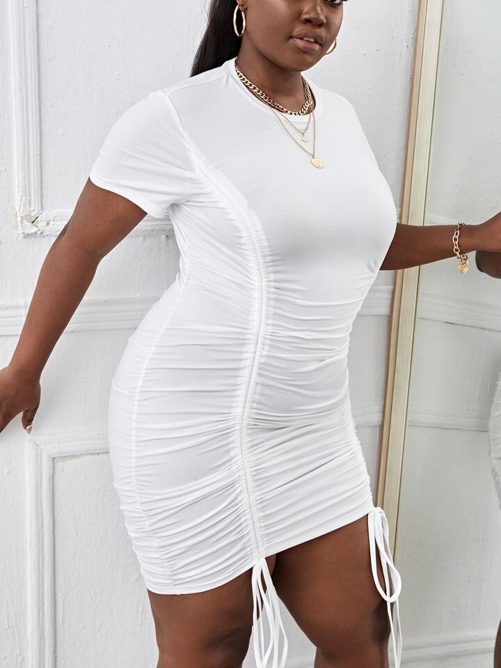 Plus Solid Drawstring Front Bodycon Dress