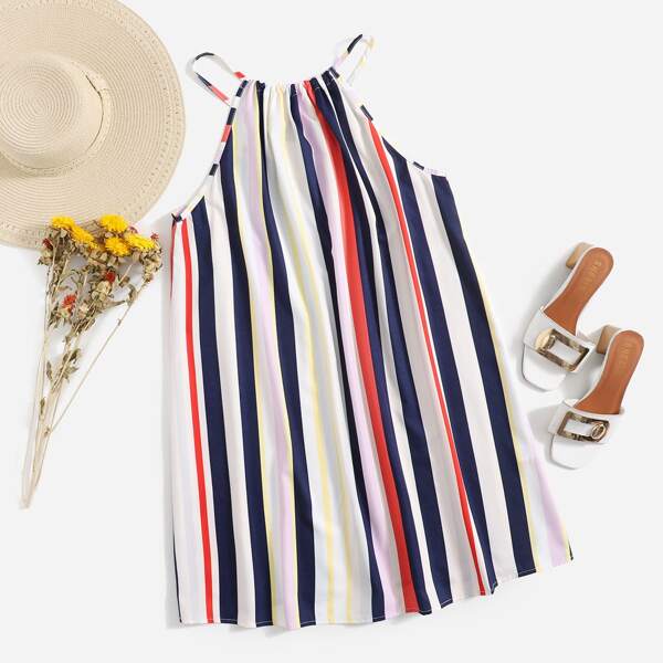 

Plus Striped Print Halter Dress, Multicolor