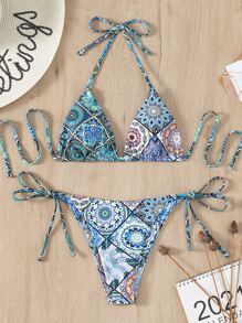SHEIN Swim Summer Beach Mandala Bikini Set Triangle Bra & Thong Bottom 2 Piece Western Bathing Suit - Multicolor - View 5