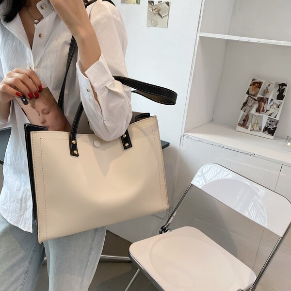 

Studded Decor Tote Bag, Black and white