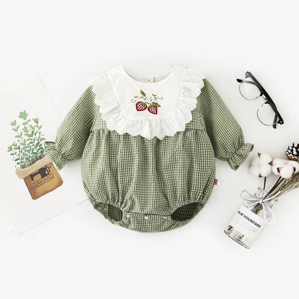 

Baby Girl Strawberry Embroidery Gingham Print Bodysuit, Multicolor
