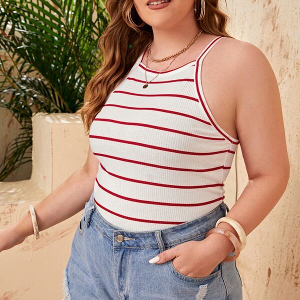 

Plus Rib-knit Striped Halter Top, White