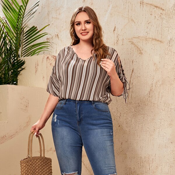 

Plus V-neck Cold Shoulder Striped Top, Multicolor