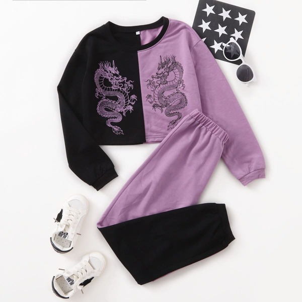 

Girls Chinese Dragon Print Color Block Pullover & Sweatpants, Multicolor