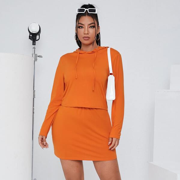 

Plus Solid Drawstring Hoodie & Skirt, Orange