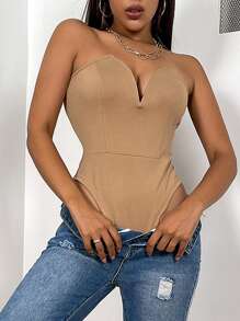 SHEIN SXY Solid V Bra Bodysuit - Brown - View 5