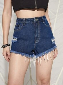 Shorts mezclilla rotos bajo crudo - Azul lavado oscuro - Ver 1