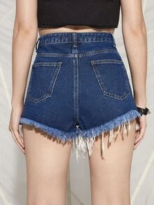 Shorts mezclilla rotos bajo crudo - Azul lavado oscuro - Ver 2