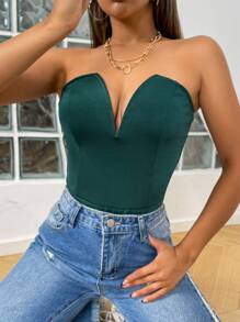 SHEIN SXY Solid V Bra Bodysuit - Dark Green - View 3