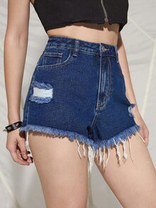 Shorts mezclilla rotos bajo crudo - Azul lavado oscuro - Ver 4