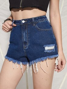 Shorts mezclilla rotos bajo crudo - Azul lavado oscuro - Ver 5