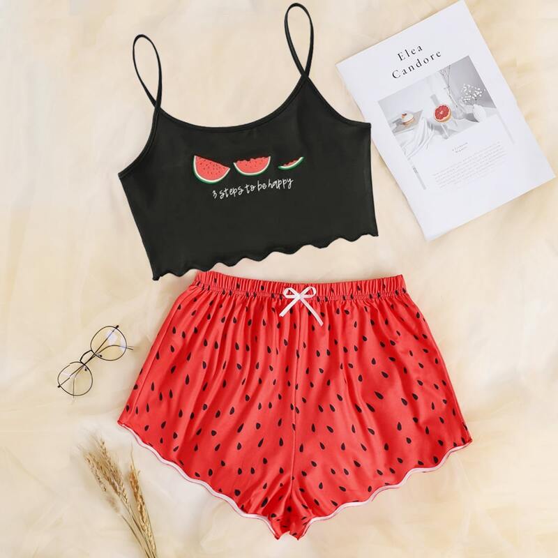 

Watermelon Print Bow Detail Pajama Set, Multicolor