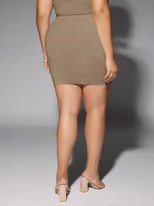 SHEIN Essnce 大碼素色包臀半身裙 - 卡其色 - 查看 2