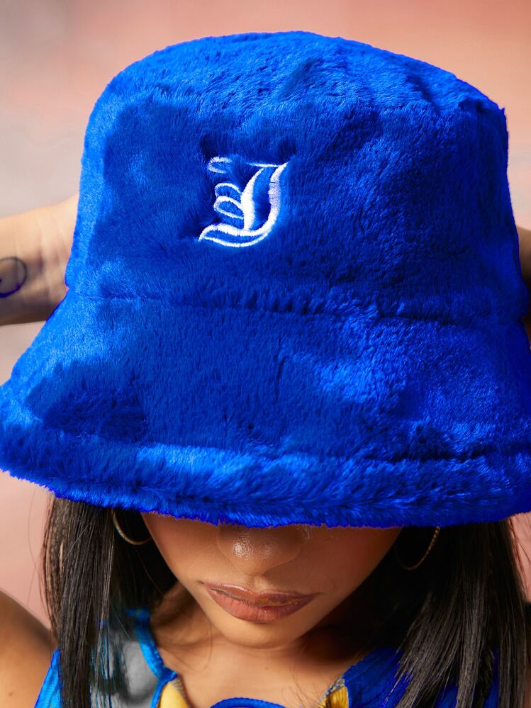 SHEIN ICON Embroidered Fluffy Bucket Hat Street - Royal Blue - View 3