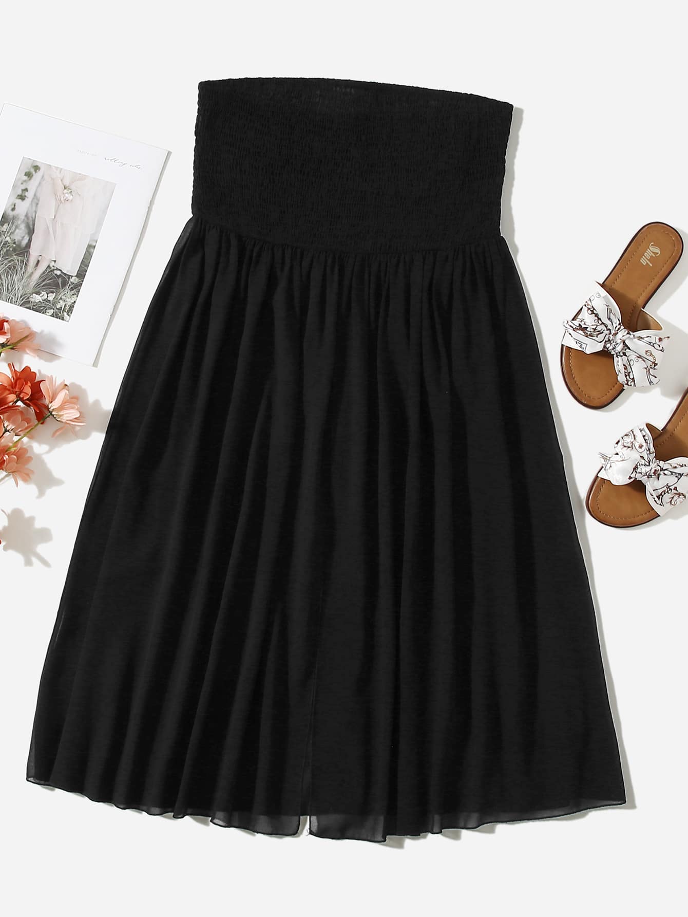 Plus Shirred Bodice Bandeau Dress - Black - View 1