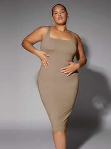 Silquee Đầm Lộ Lưng màu trơn Thanh lịch - Màu Khaki - Xem 7