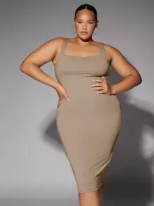 Silquee Đầm Lộ Lưng màu trơn Thanh lịch - Màu Khaki - Xem 8