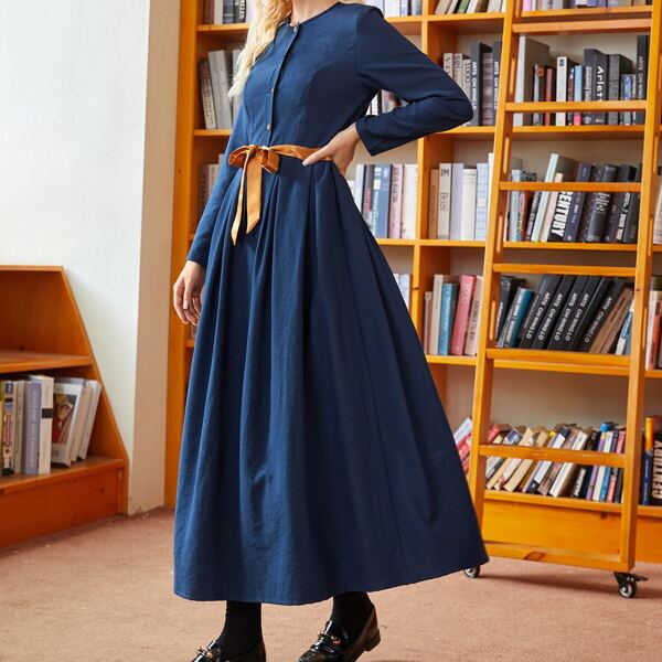 

1pc Solid Button Front A-line Dress, Navy blue