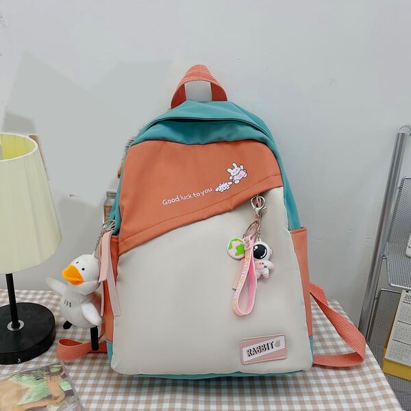 

Colorblock Cartoon Decor Letter Graphic Backpack, Multicolor