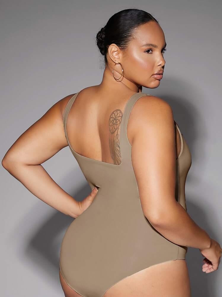 Silquee 1pc Square Neck Solid Bodysuit - Khaki - View 8